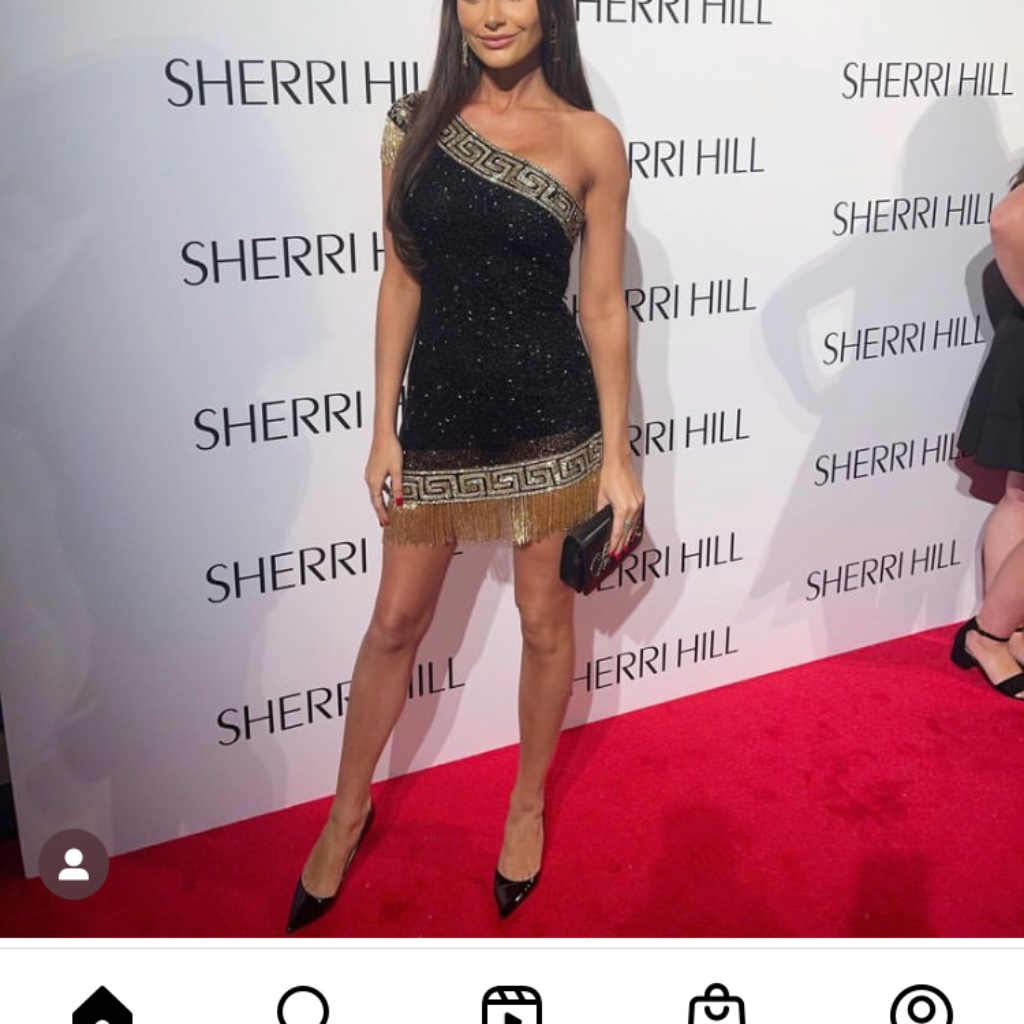 Sherri Hill Beaded Fringe Black Gold Size 2 One Shoulder Cocktail Dress